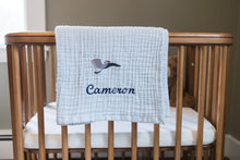Load image into Gallery viewer, Summer-Weight Organic Muslin Mini Stork Blanket with Monogram Option - Gray Heron

